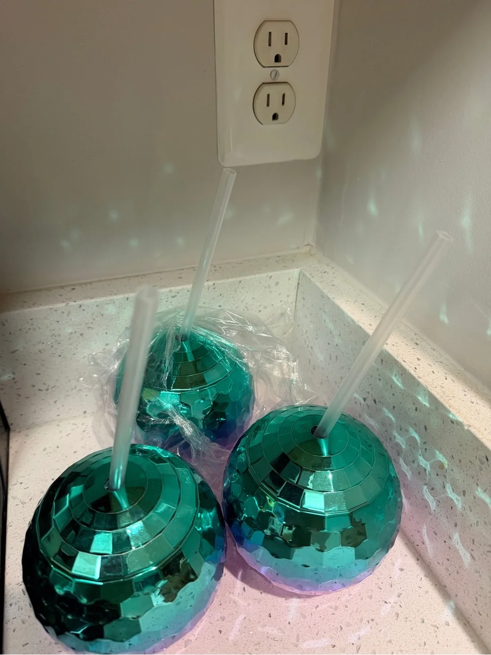 Teal to Purple Iridescent Disco Ball Tumbler with Straw - Home Party Supplies